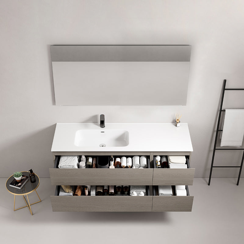 Mobile bagno sospeso 140 cm Beige Lavabo a Sinistra in Resina Specchio Quadro - Fiji Wood