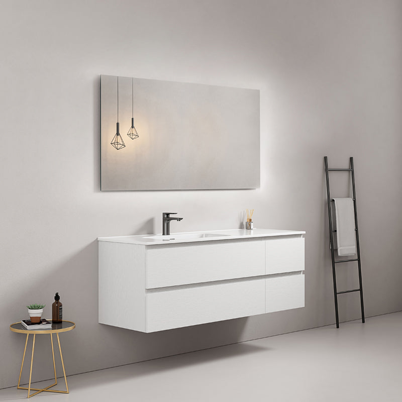 Mobile bagno sospeso 140 cm Bianco Lavabo a Sinistra in Resina Specchio Quadro - Fiji Wood