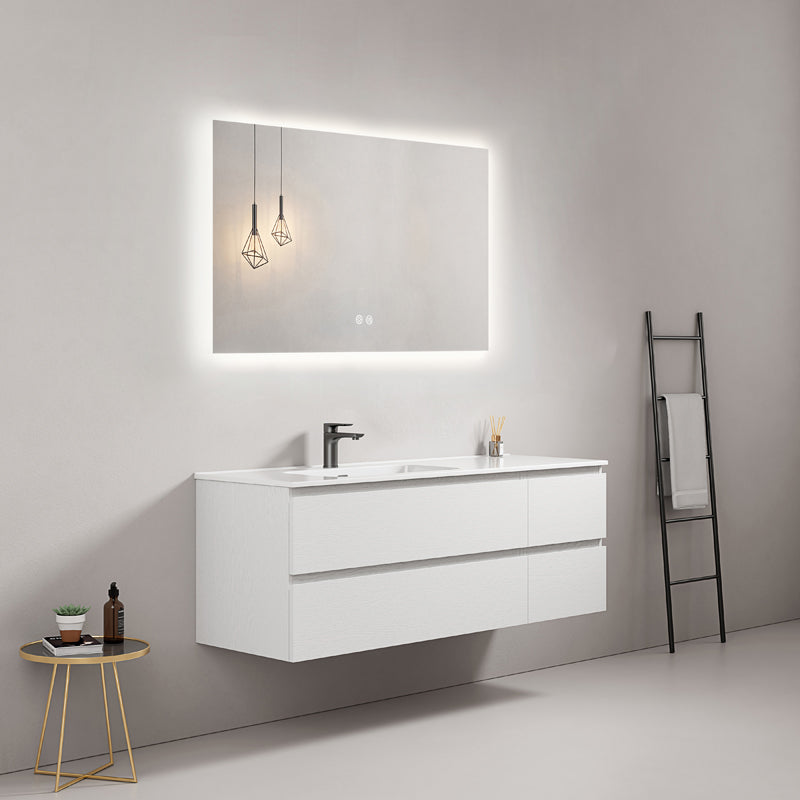 Mobile bagno sospeso 140 cm Bianco Lavabo a Sinistra in Resina Specchio Quadro Retroilluminato - Fiji Wood