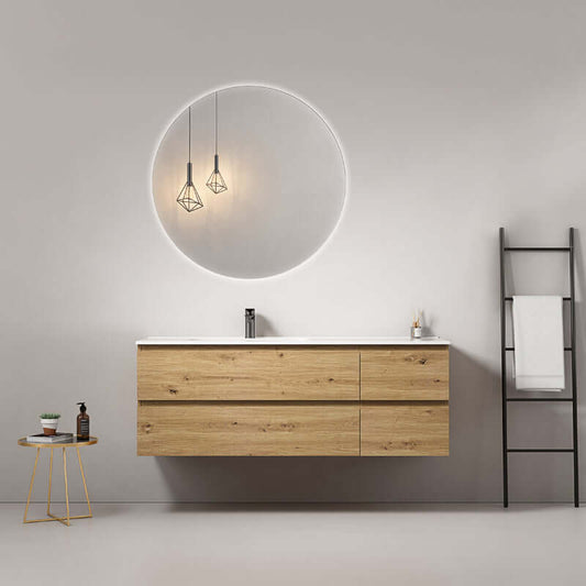 Mobile bagno sospeso 140 cm Bruno Medio Lavabo a Sinistra in Resina Specchio Tondo Retroilluminato - Fiji Wood