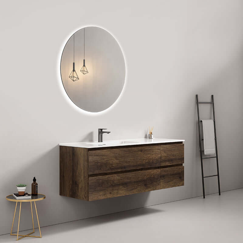 Mobile bagno sospeso 140 cm Bruno Scuro Lavabo a Sinistra in Resina Specchio Tondo Retroilluminato - Fiji Wood
