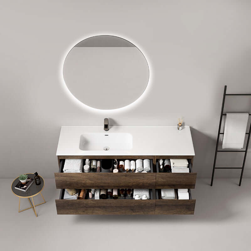 Mobile bagno sospeso 140 cm Bruno Scuro Lavabo a Sinistra in Resina Specchio Tondo Retroilluminato - Fiji Wood