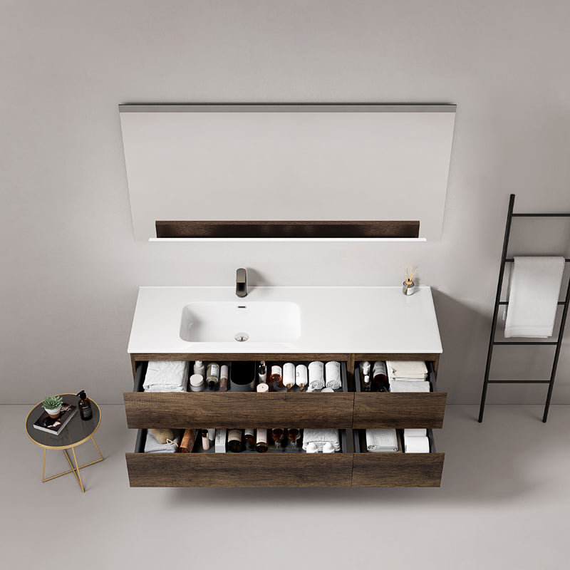 Mobile bagno sospeso 140 cm Bruno Scuro Lavabo a Sinistra in Resina Specchio Quadro - Fiji Wood
