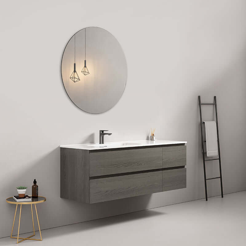 Mobile bagno sospeso 140 cm Grey Lavabo a Sinistra in Resina Specchio Tondo - Fiji Wood