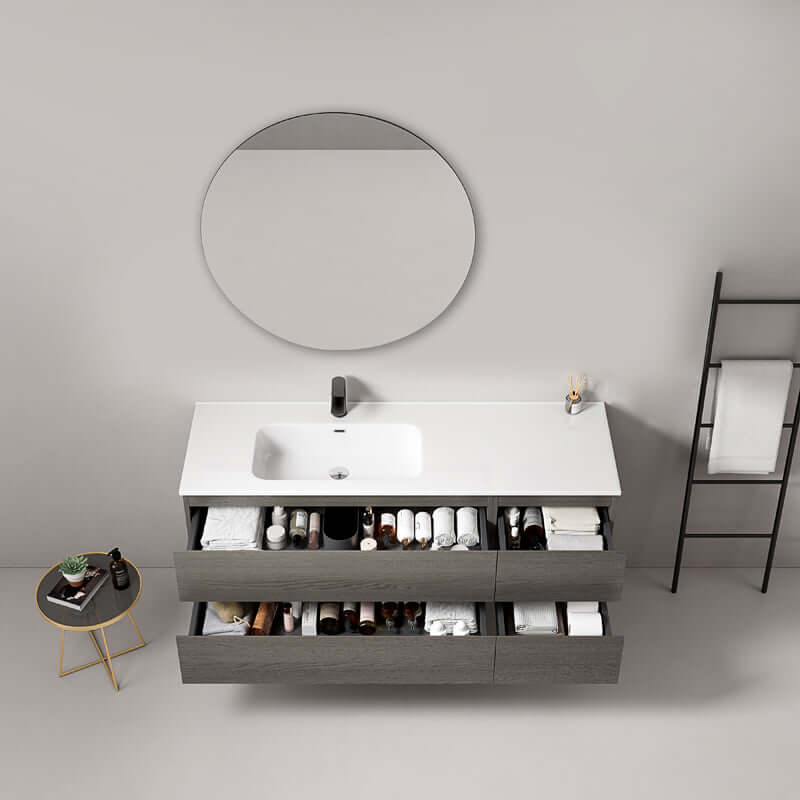 Mobile bagno sospeso 140 cm Grey Lavabo a Sinistra in Resina Specchio Tondo - Fiji Wood