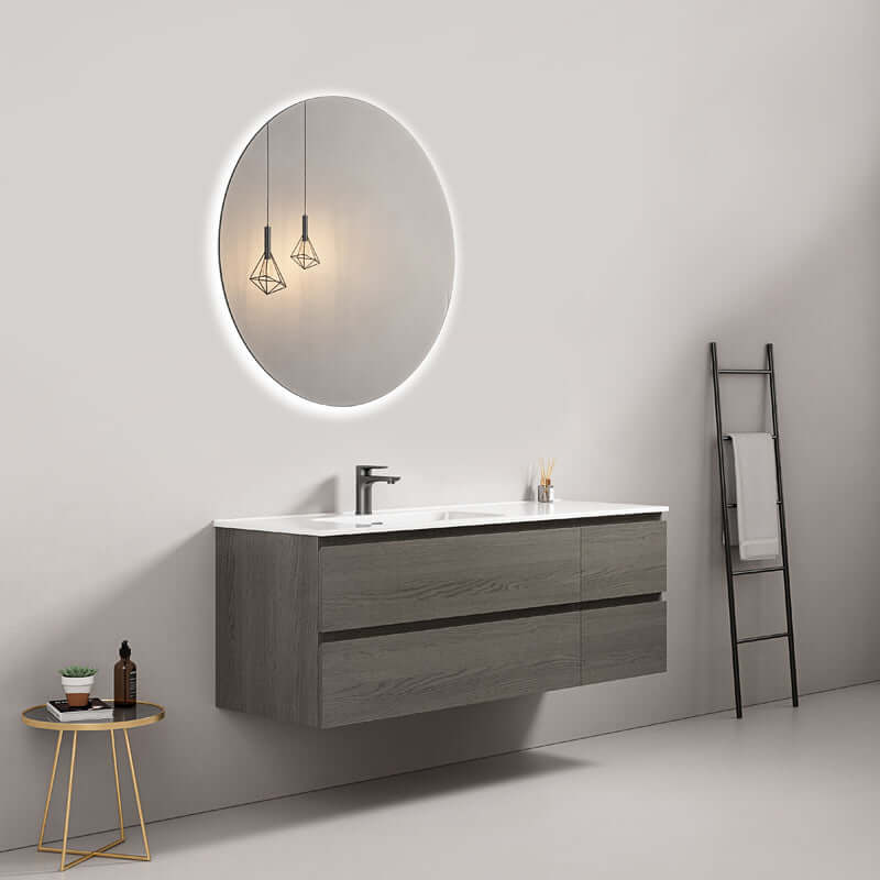Mobile bagno sospeso 140 cm Grey Lavabo a Sinistra in Resina Specchio Tondo Retroilluminato - Fiji Wood
