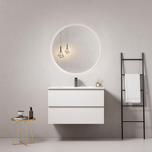 Mobile bagno sospeso 80 cm Bianco Lavabo in Ceramica Specchio Tondo Retroilluminato - Fiji Wood