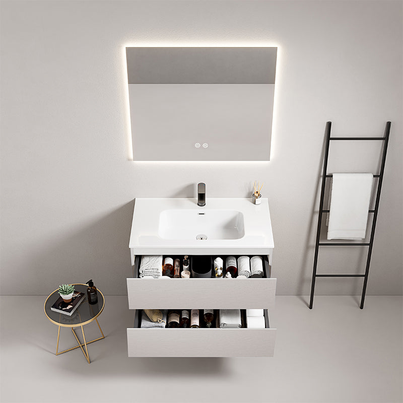 Mobile bagno sospeso 80 cm Bianco Lavabo in Ceramica Specchio Quadro Retroilluminato - Fiji Wood