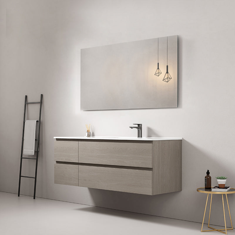 Mobile bagno sospeso 140 cm Beige Lavabo a Destra in Resina Specchio Quadro - Fiji Wood