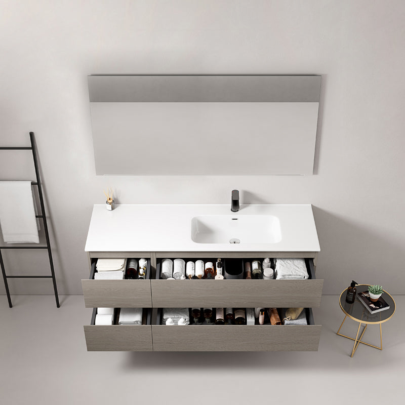 Mobile bagno sospeso 140 cm Beige Lavabo a Destra in Resina Specchio Quadro - Fiji Wood