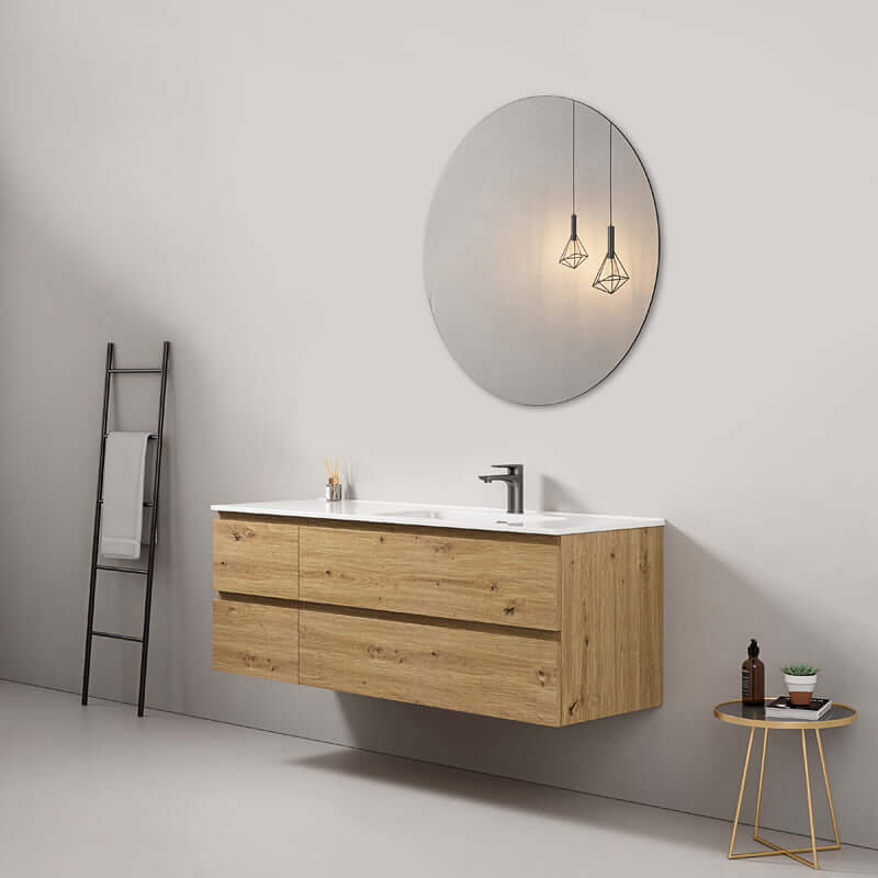 Mobile bagno sospeso 140 cm Bruno Medio Lavabo a Destra in Resina Specchio Tondo - Fiji Wood