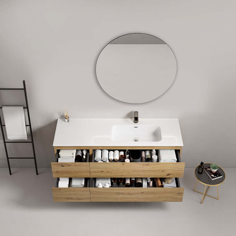 Mobile bagno sospeso 140 cm Bruno Medio Lavabo a Destra in Resina Specchio Tondo - Fiji Wood
