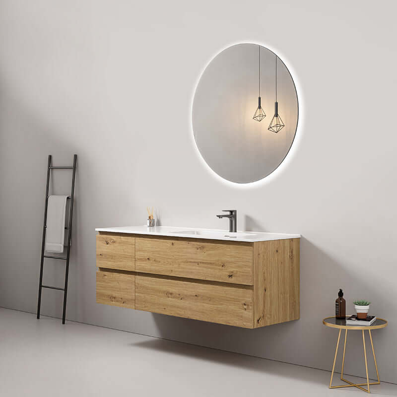 Mobile bagno sospeso 140 cm Bruno Medio Lavabo a Destra in Resina Specchio Tondo Retroilluminato - Fiji Wood