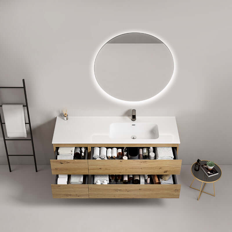 Mobile bagno sospeso 140 cm Bruno Medio Lavabo a Destra in Resina Specchio Tondo Retroilluminato - Fiji Wood