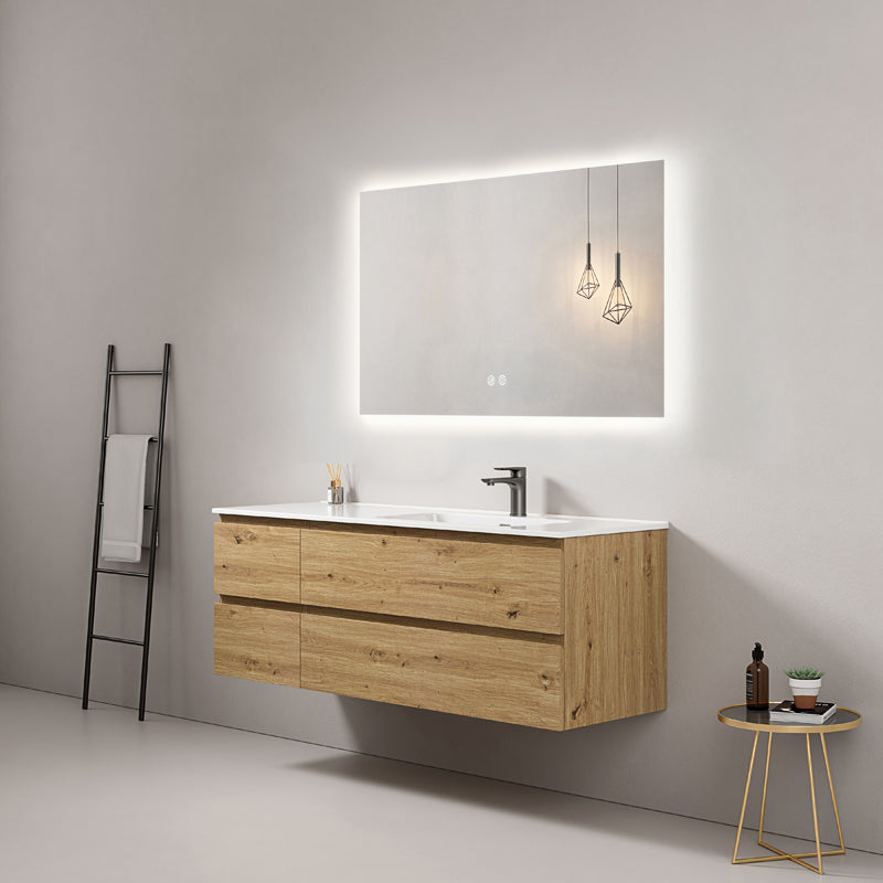 Mobile bagno sospeso 140 cm Bruno Medio Lavabo a Destra in Resina Specchio Quadro Retroilluminato - Fiji Wood