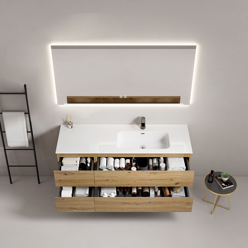 Mobile bagno sospeso 140 cm Bruno Medio Lavabo a Destra in Resina Specchio Quadro Retroilluminato - Fiji Wood