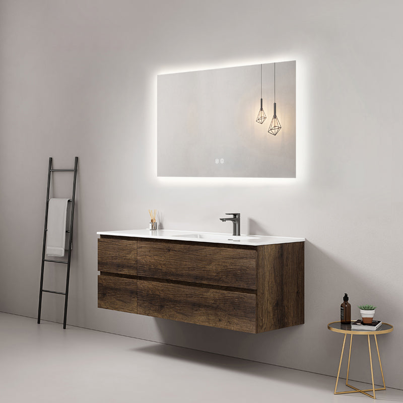 Mobile bagno sospeso 140 cm Bruno Scuro Lavabo a Destra in Resina Specchio Quadro Retroilluminato - Fiji Wood