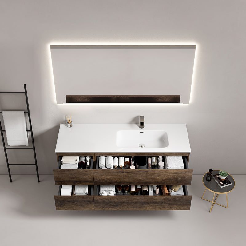 Mobile bagno sospeso 140 cm Bruno Scuro Lavabo a Destra in Resina Specchio Quadro Retroilluminato - Fiji Wood