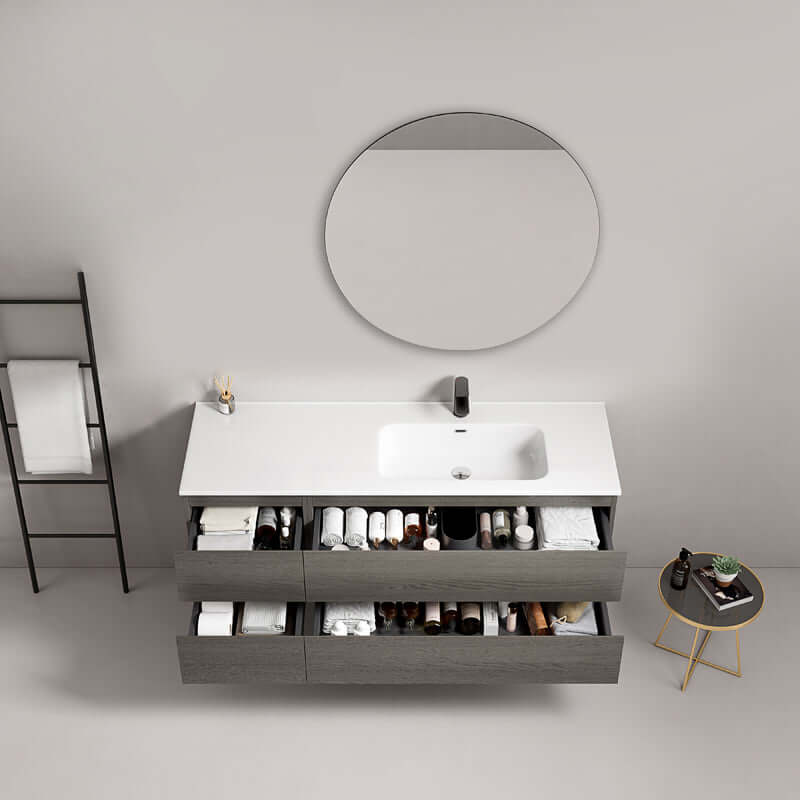 Mobile bagno sospeso 140 cm Grey Lavabo a Destra in Resina Specchio Tondo - Fiji Wood