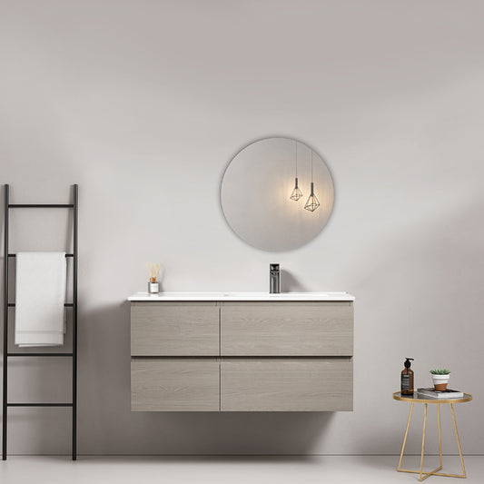 Mobile bagno sospeso 100 cm Beige Lavabo a Destra in Ceramica Specchio Tondo - Fiji Wood