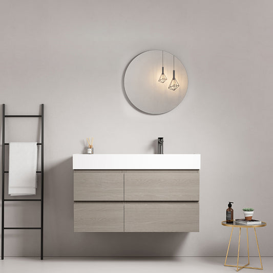 Mobile bagno sospeso 100 cm Beige Lavabo a Destra in Resina Specchio Tondo - Fiji Wood