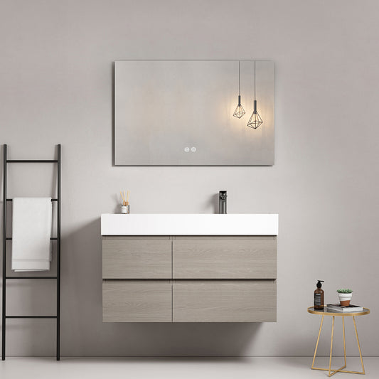 Bathroom Cabinet Wall-hung 100 cm Beige Right-hand Sink in Resin Mirror Square - Fiji Wood