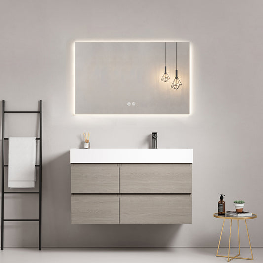 Mobile bagno sospeso 100 cm Beige Lavabo a Destra in Resina Specchio Quadro Retroilluminato - Fiji Wood