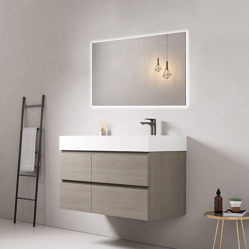 Mobile bagno sospeso 100 cm Beige Lavabo a Destra in Resina Specchio Quadro Retroilluminato - Fiji Wood