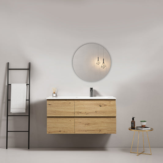 Bathroom Cabinet Wall-hung 100 cm Brown Medium Right-hand Ceramic Sink Round Backlit Mirror - Fiji Wood
