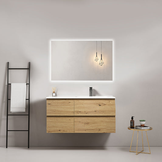 Mobile bagno sospeso 100 cm Bruno Medio Lavabo a Destra in Ceramica Specchio Quadro Retroilluminato - Fiji Wood