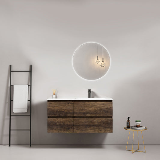 Mobile bagno sospeso 100 cm Bruno Scuro Lavabo a Destra in Ceramica Specchio Tondo Retroilluminato - Fiji Wood