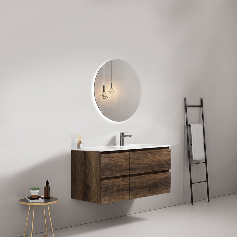 Mobile bagno sospeso 100 cm Bruno Scuro Lavabo a Destra in Ceramica Specchio Tondo Retroilluminato - Fiji Wood