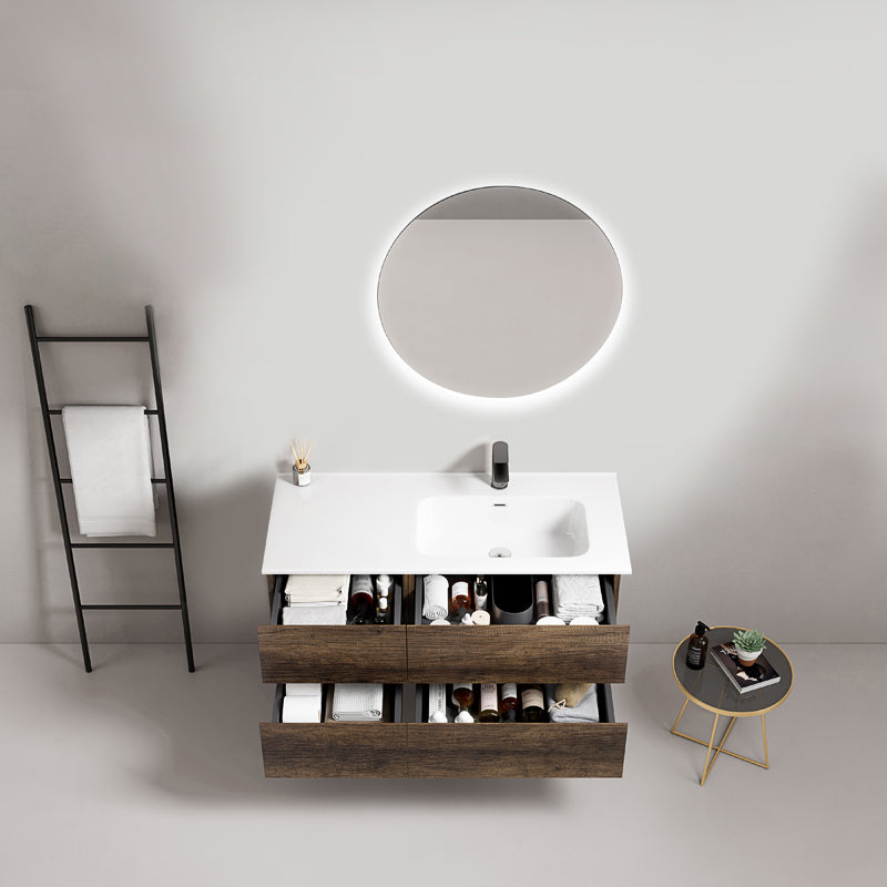 Mobile bagno sospeso 100 cm Bruno Scuro Lavabo a Destra in Ceramica Specchio Tondo Retroilluminato - Fiji Wood