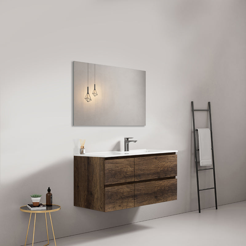 Mobile bagno sospeso 100 cm Bruno Scuro Lavabo a Destra in Ceramica Specchio Quadro - Fiji Wood