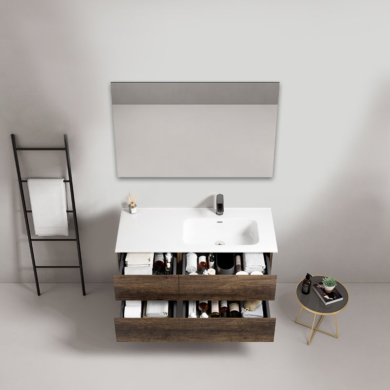 Mobile bagno sospeso 100 cm Bruno Scuro Lavabo a Destra in Ceramica Specchio Quadro - Fiji Wood