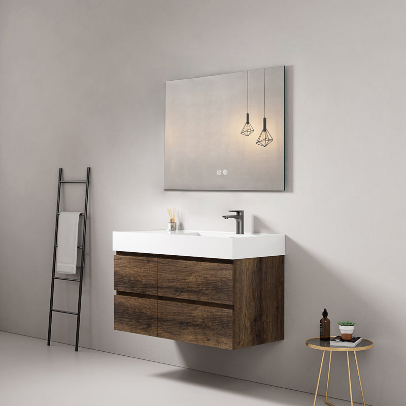 Mobile bagno sospeso 100 cm Bruno Scuro Lavabo a Destra in Resina Specchio Quadro - Fiji Wood