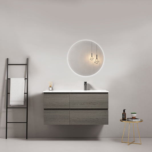 100cm Grey Wall-hung Bathroom Cabinet Ceramic Sink on the Right Backlit Round Mirror - Fiji Wood