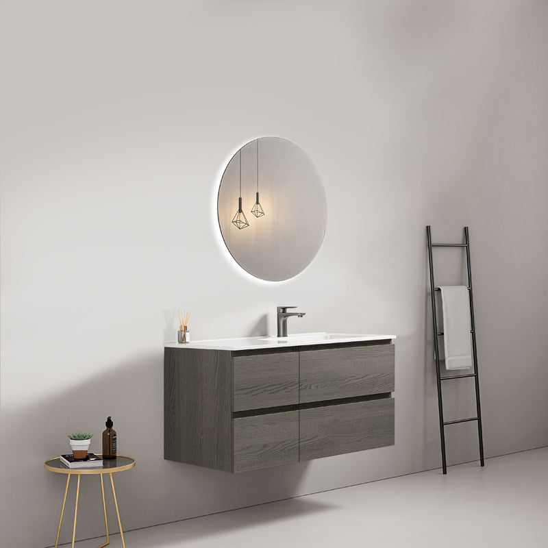 Mobile bagno sospeso 100 cm Grey Lavabo a Destra in Ceramica Specchio Tondo Retroilluminato - Fiji Wood