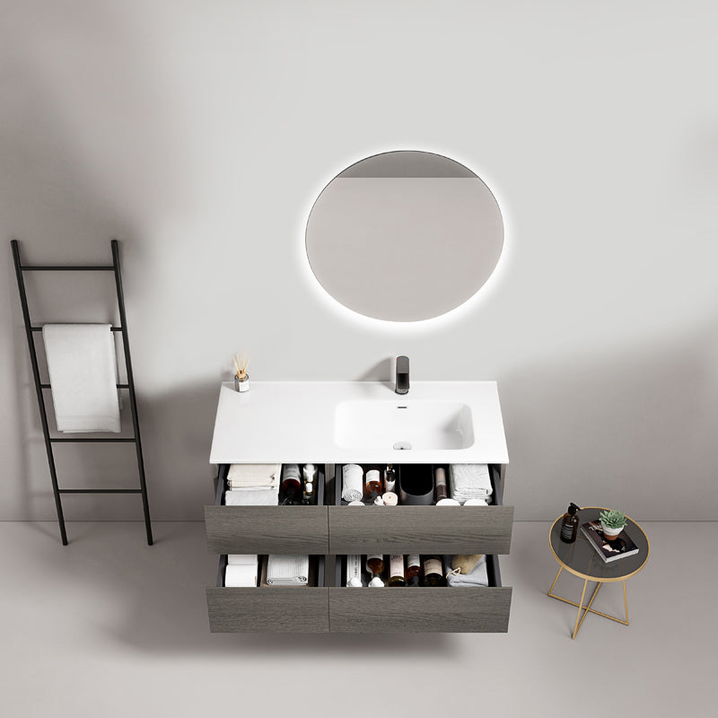 Mobile bagno sospeso 100 cm Grey Lavabo a Destra in Ceramica Specchio Tondo Retroilluminato - Fiji Wood