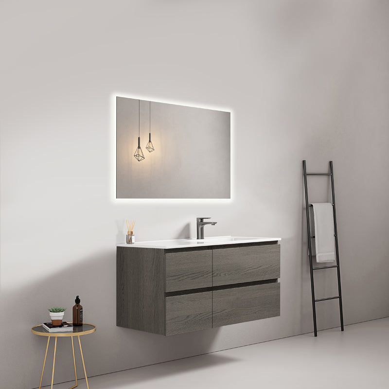 Mobile bagno sospeso 100 cm Grey Lavabo a Destra in Ceramica Specchio Quadro Retroilluminato - Fiji Wood