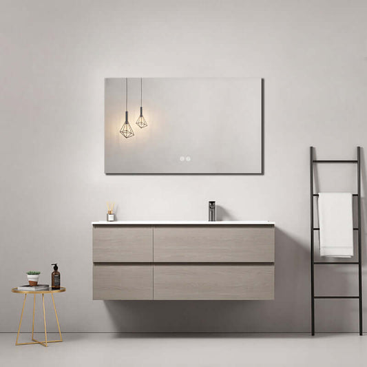 Mobile bagno sospeso 120 cm Beige Lavabo a Destra in Ceramica Specchio Quadro - Fiji Wood