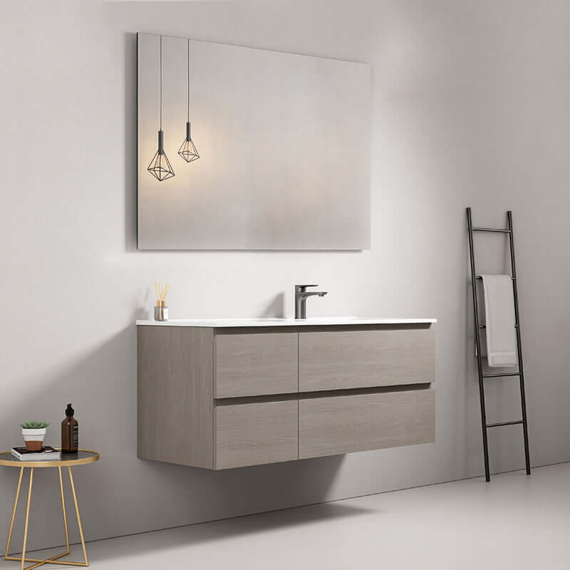 Mobile bagno sospeso 120 cm Beige Lavabo a Destra in Ceramica Specchio Quadro - Fiji Wood