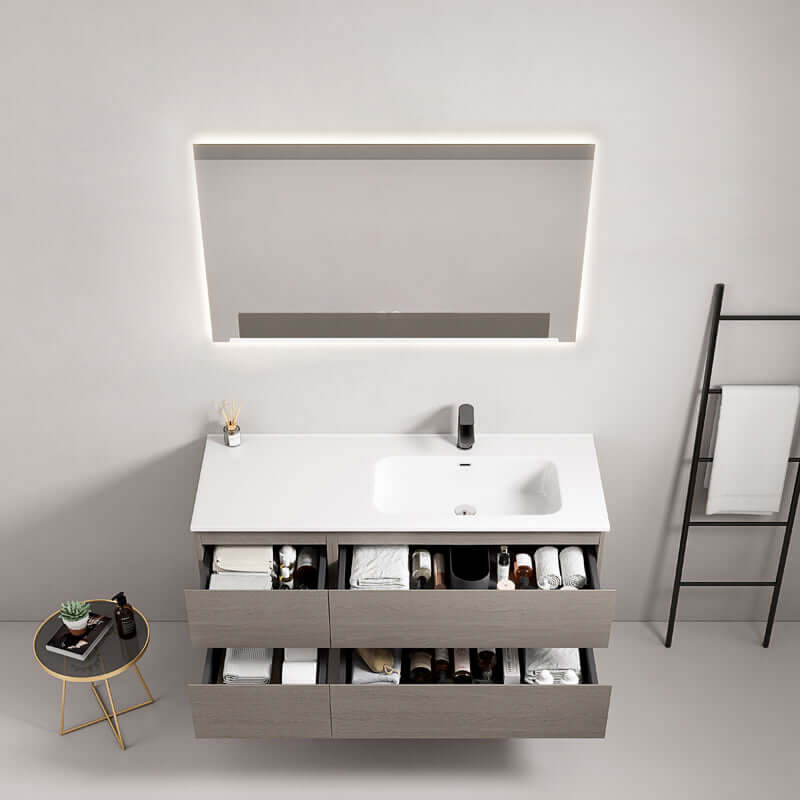 Mobile bagno sospeso 120 cm Beige Lavabo a Destra in Ceramica Specchio Quadro Retroilluminato - Fiji Wood