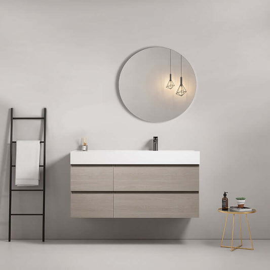 Mobile bagno sospeso 120 cm Beige Lavabo a Destra in Resina Specchio Tondo - Fiji Wood