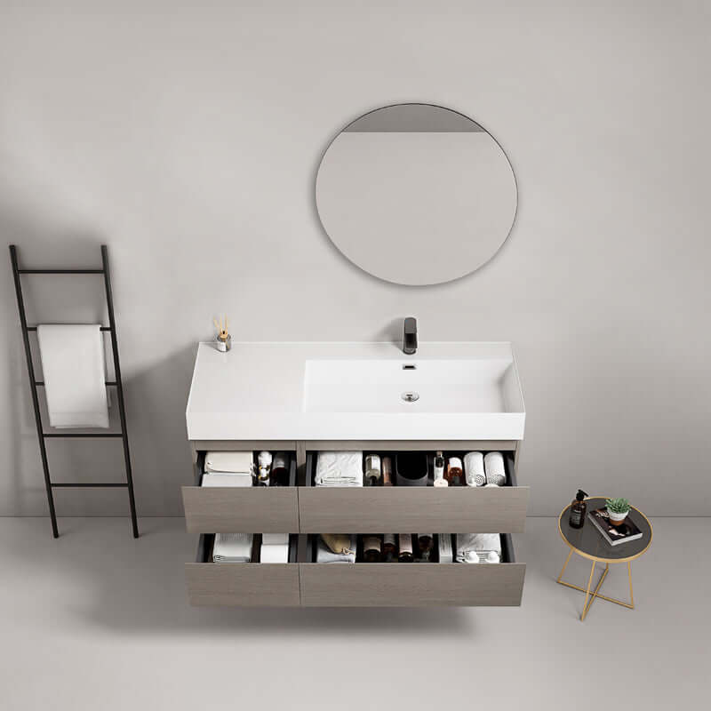 Mobile bagno sospeso 120 cm Beige Lavabo a Destra in Resina Specchio Tondo - Fiji Wood