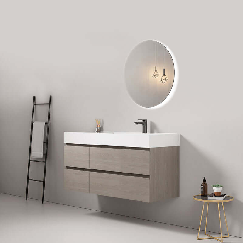 Mobile bagno sospeso 120 cm Beige Lavabo a Destra in Resina Specchio Tondo Retroilluminato - Fiji Wood