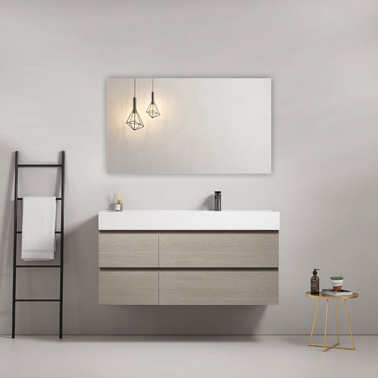 Mobile bagno sospeso 120 cm Beige Lavabo a Destra in Resina Specchio Quadro - Fiji Wood