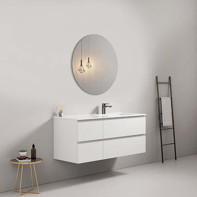 Mobile bagno sospeso 120 cm Bianco Lavabo a Destra in Ceramica Specchio Tondo - Fiji Wood
