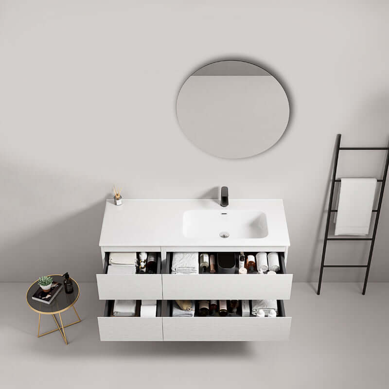 Mobile bagno sospeso 120 cm Bianco Lavabo a Destra in Ceramica Specchio Tondo - Fiji Wood