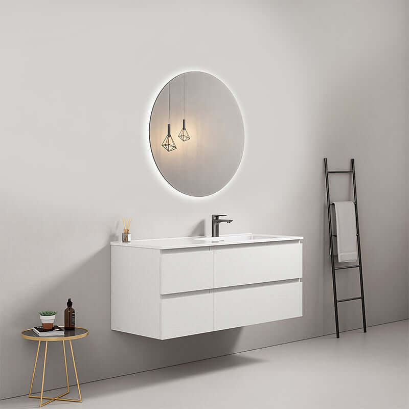 Mobile bagno sospeso 120 cm Bianco Lavabo a Destra in Ceramica Specchio Tondo Retroilluminato - Fiji Wood